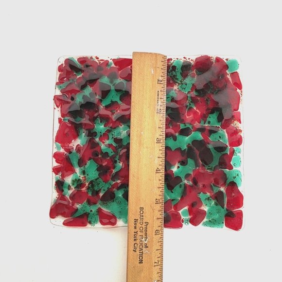 Fused Art Glass Trinket Tray Ring Dish Catch All Cranberry Red Mint Green 6x6.5 - Picture 4 of 6